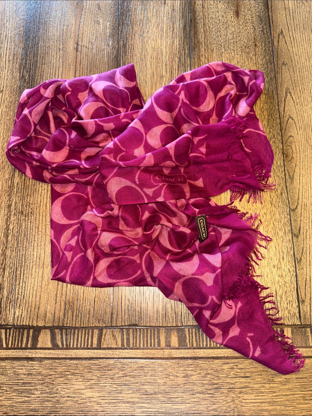 Coach Pink Magenta Signature Logo Scarf with Fringe in Cashmere and Silk